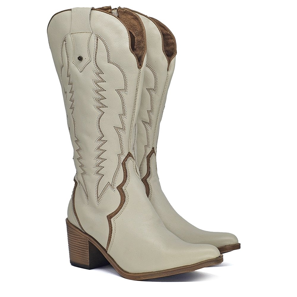 Bota Feminina NWE027 Couro Off White Caramelo Off White/Caramelo 3