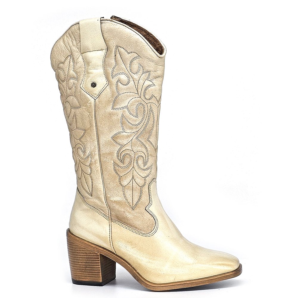 Bota Feminina OKL001 Couro Off White Amendoa Off White/Amendoa 2