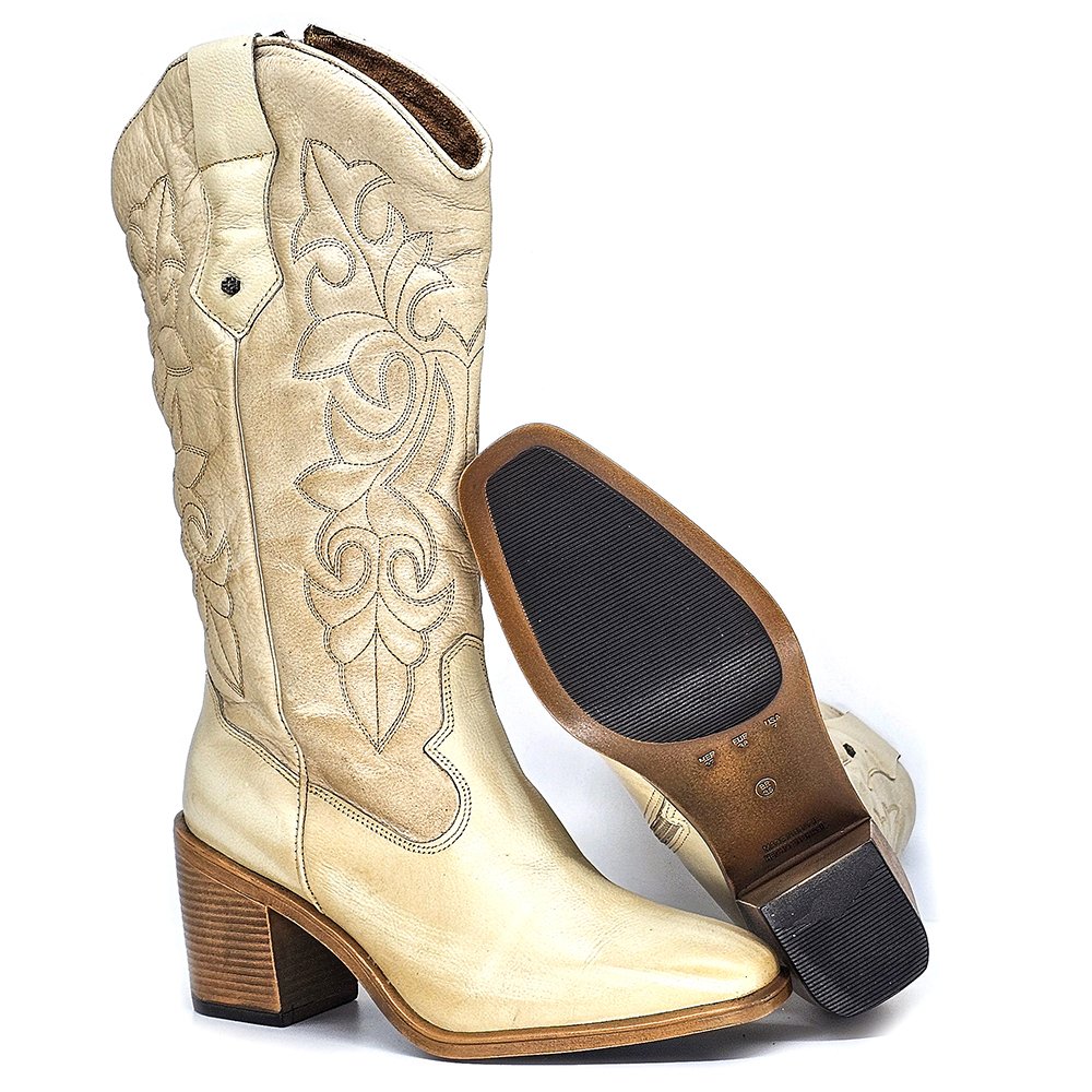 Bota Feminina OKL001 Couro Off White Amendoa Off White/Amendoa 3