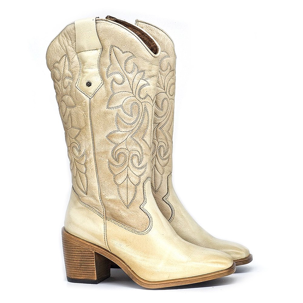 Bota Feminina OKL001 Couro Off White Amendoa Off White/Amendoa 4