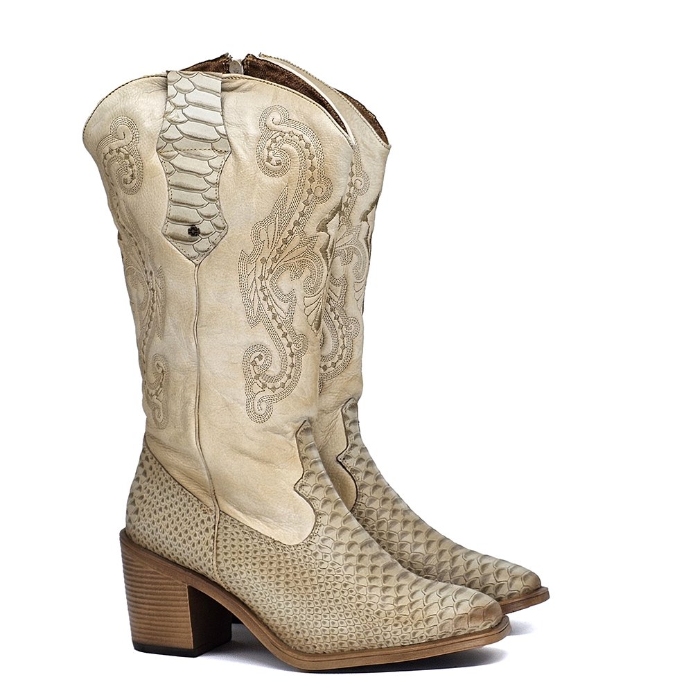 Bota Feminina OKL004V Couro Anac Off White Amendoa Off White/Amendoa 2