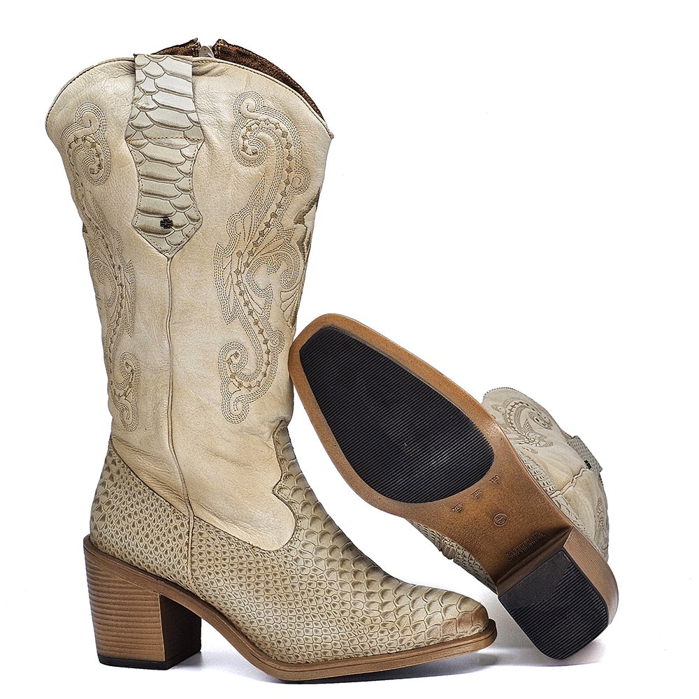 Bota Feminina OKL004V Couro Anac Off White Amendoa Off White/Amendoa 4