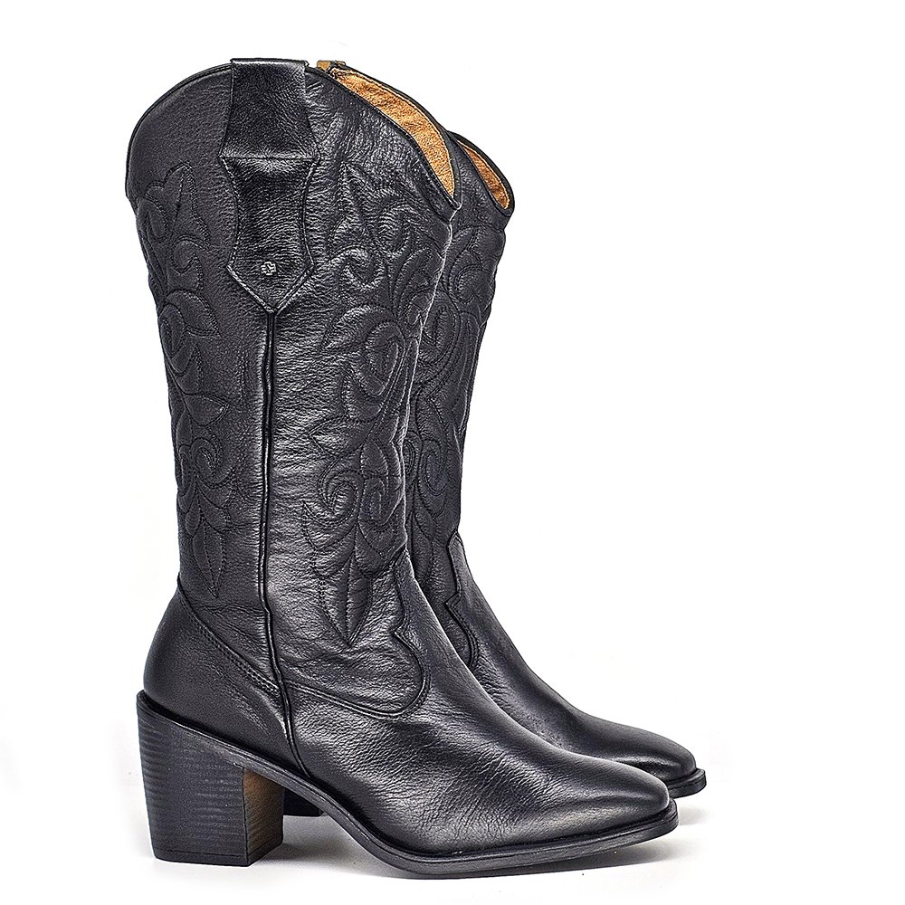 Bota Feminina OKL001 Couro Preto Preto 4