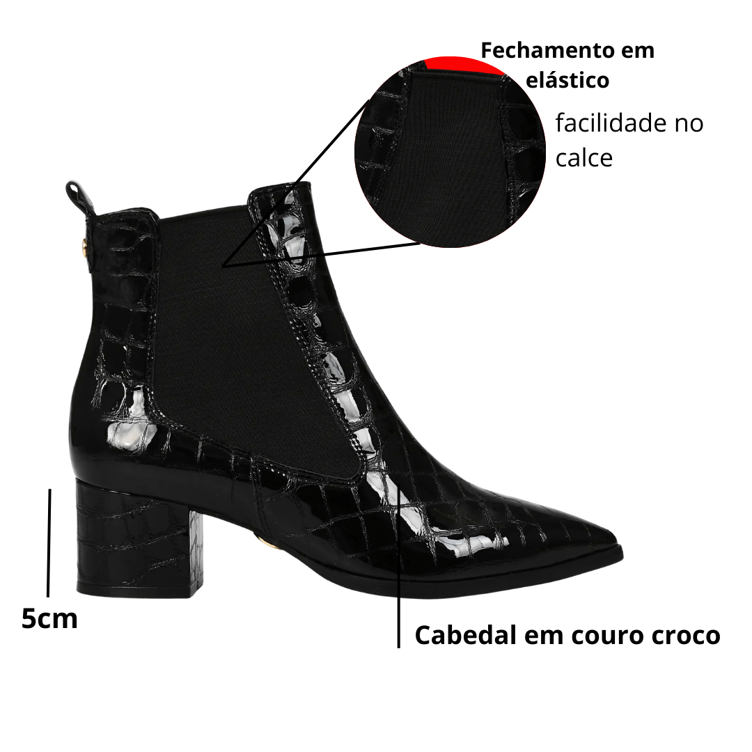 Bota Jorge Bischoff Feminina Cano Baixo Preta Couro Croco Preto 2