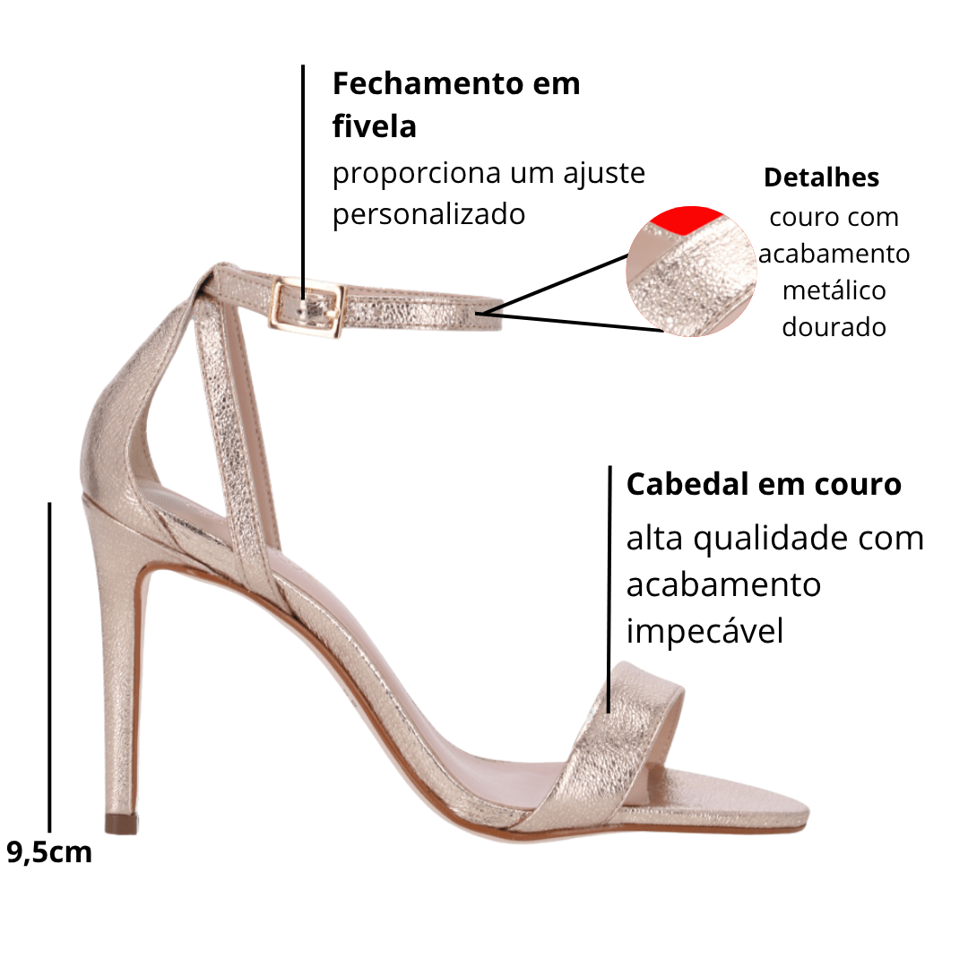 Sandália Luz da Lua Feminina Salto Fino Ouro Couro Dourado 2