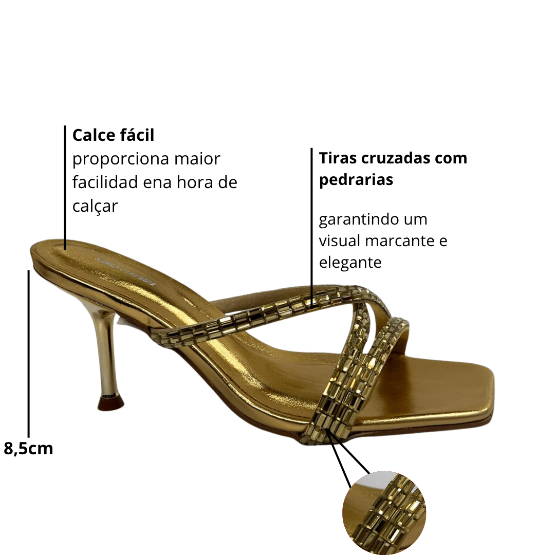 Tamanco Lança Perfume Feminino Tiras Strass Salto Fino Ouro Dourado 2