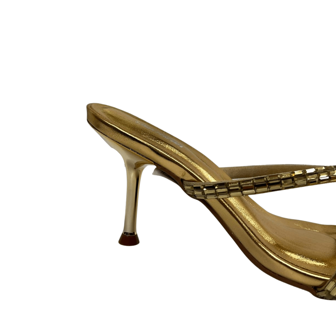 Tamanco Lança Perfume Feminino Tiras Strass Salto Fino Ouro Dourado 4
