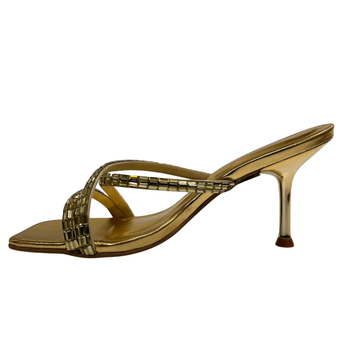 Tamanco Lança Perfume Feminino Tiras Strass Salto Fino Ouro Dourado 5