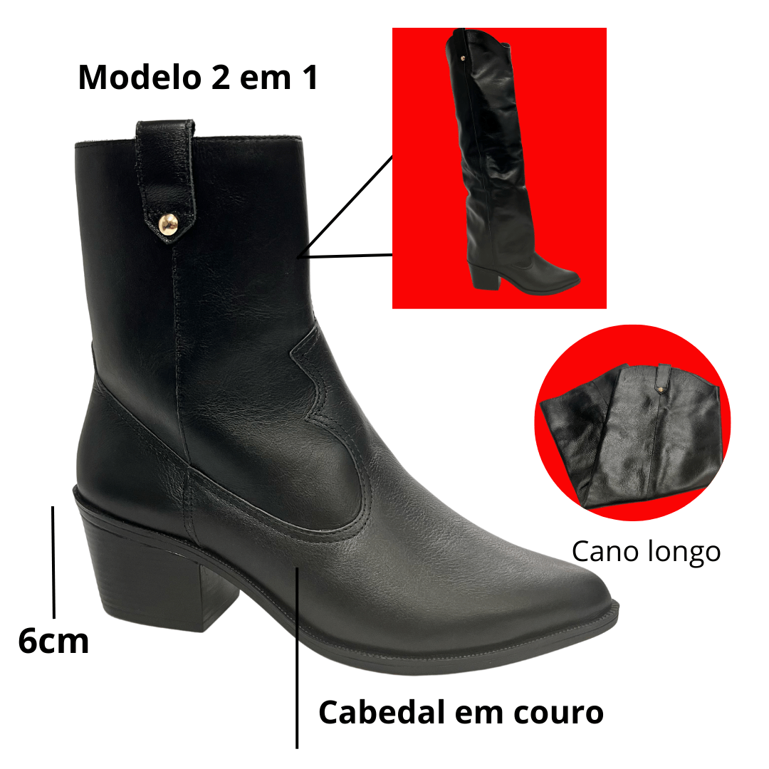 Bota Berti Maria Feminina 2 Em Um Preta  Couro Preto 2