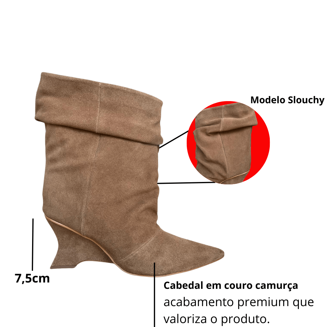 Bota Cecconallo FEminina Slouchy Pecan Couro Camurça Bege 2