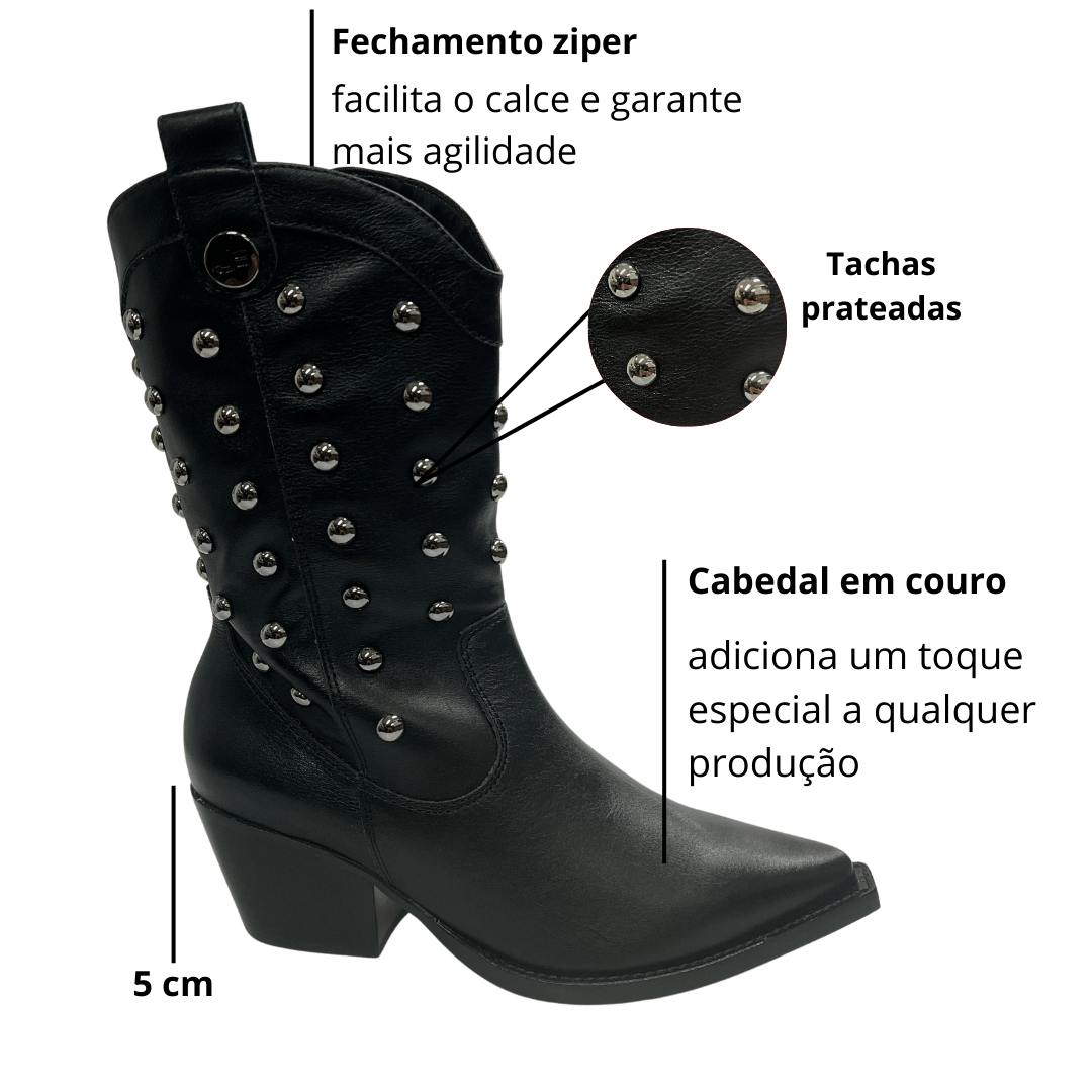 Bota Jorge Bischoff Feminina Western Tachas Preto Couro Preto 2