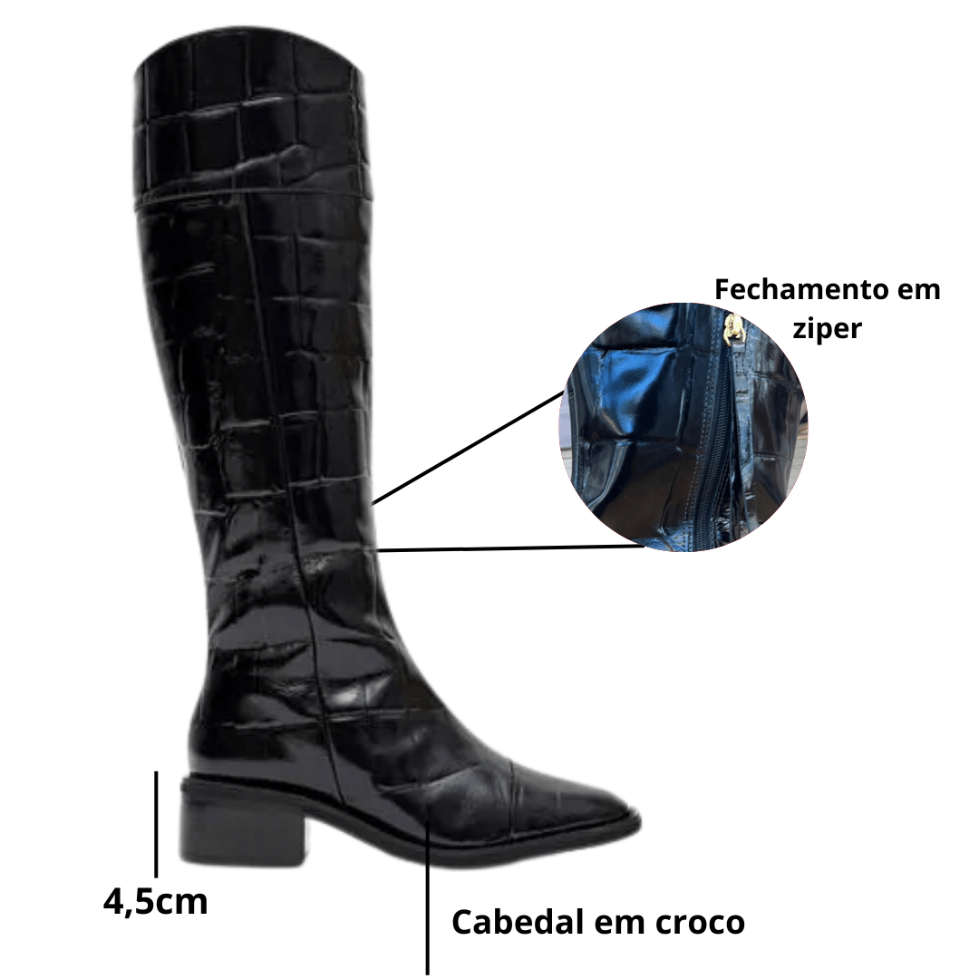 Bota Lança Perfume Montaria Feminina Preta Couro Croco Preto 2