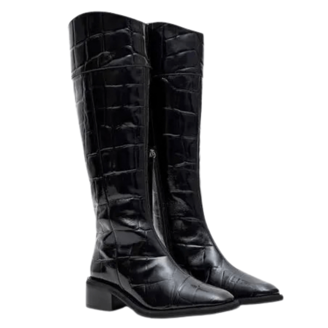 Bota Lança Perfume Montaria Feminina Preta Couro Croco Preto 3
