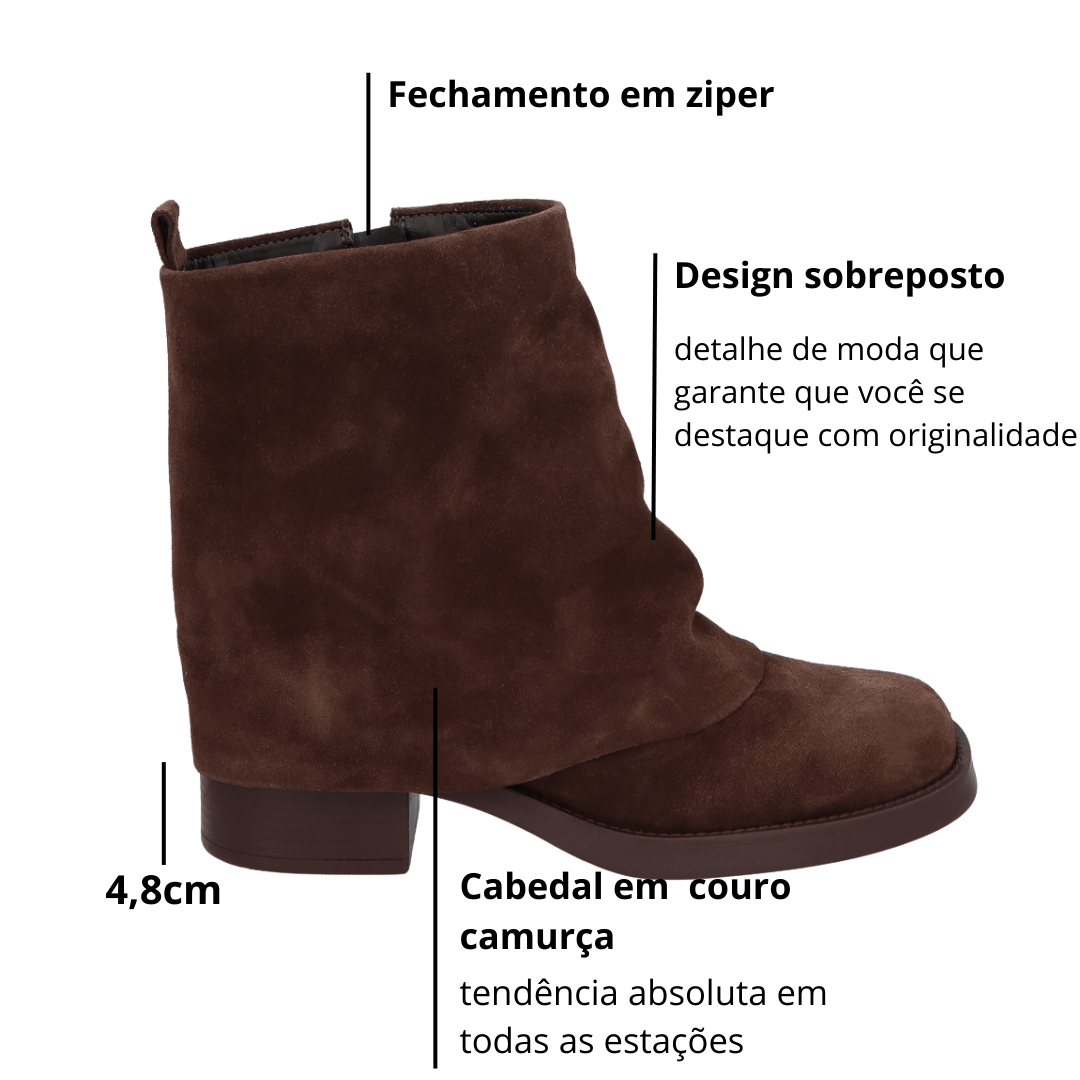 Bota Luiza Barcelos Feminina Cano Curto Sobreposto Coffee Couro Camurça Marrom 2