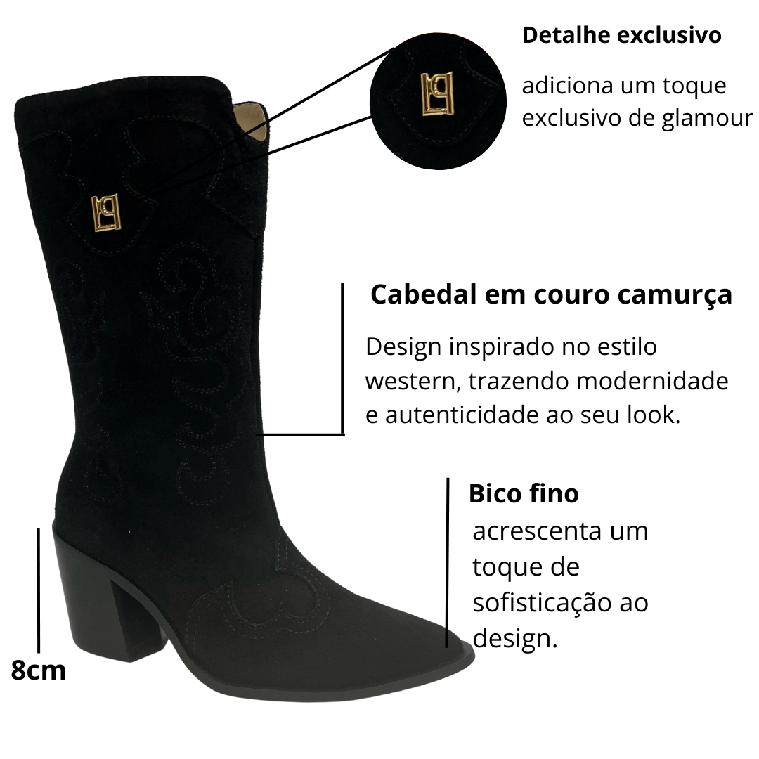 Bota Lança Perfume Feminina western Preto Couro Ccamurça Preto 2