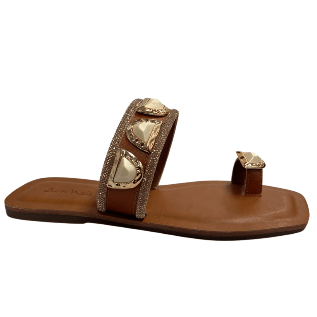 Rasteira Dedinho Berti Maria Feminina Strass Caramelo Champgne Couro