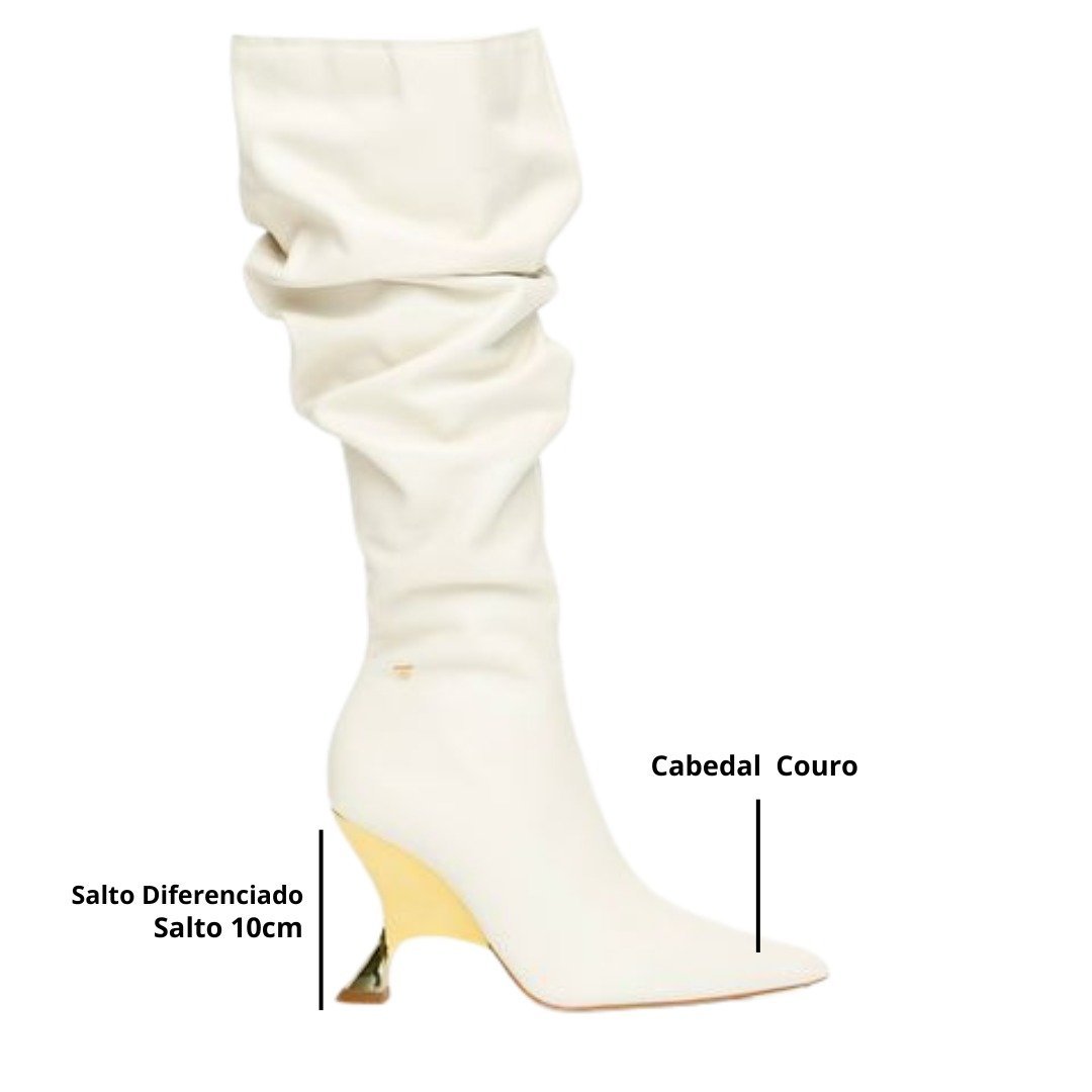 Bota lança Perfume Feminina Slouch Salto Metalizado Couro Branco 2