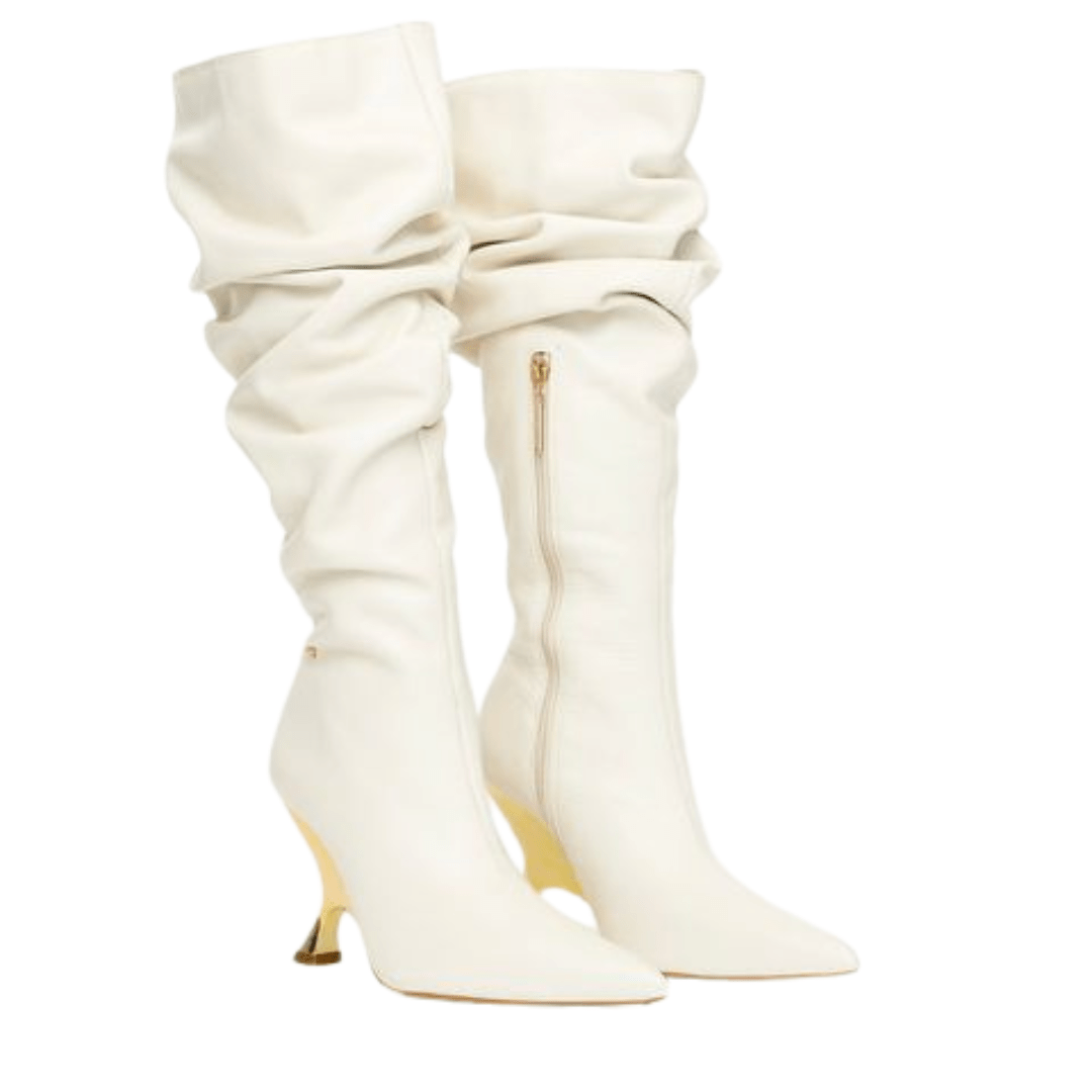 Bota lança Perfume Feminina Slouch Salto Metalizado Couro Branco 3