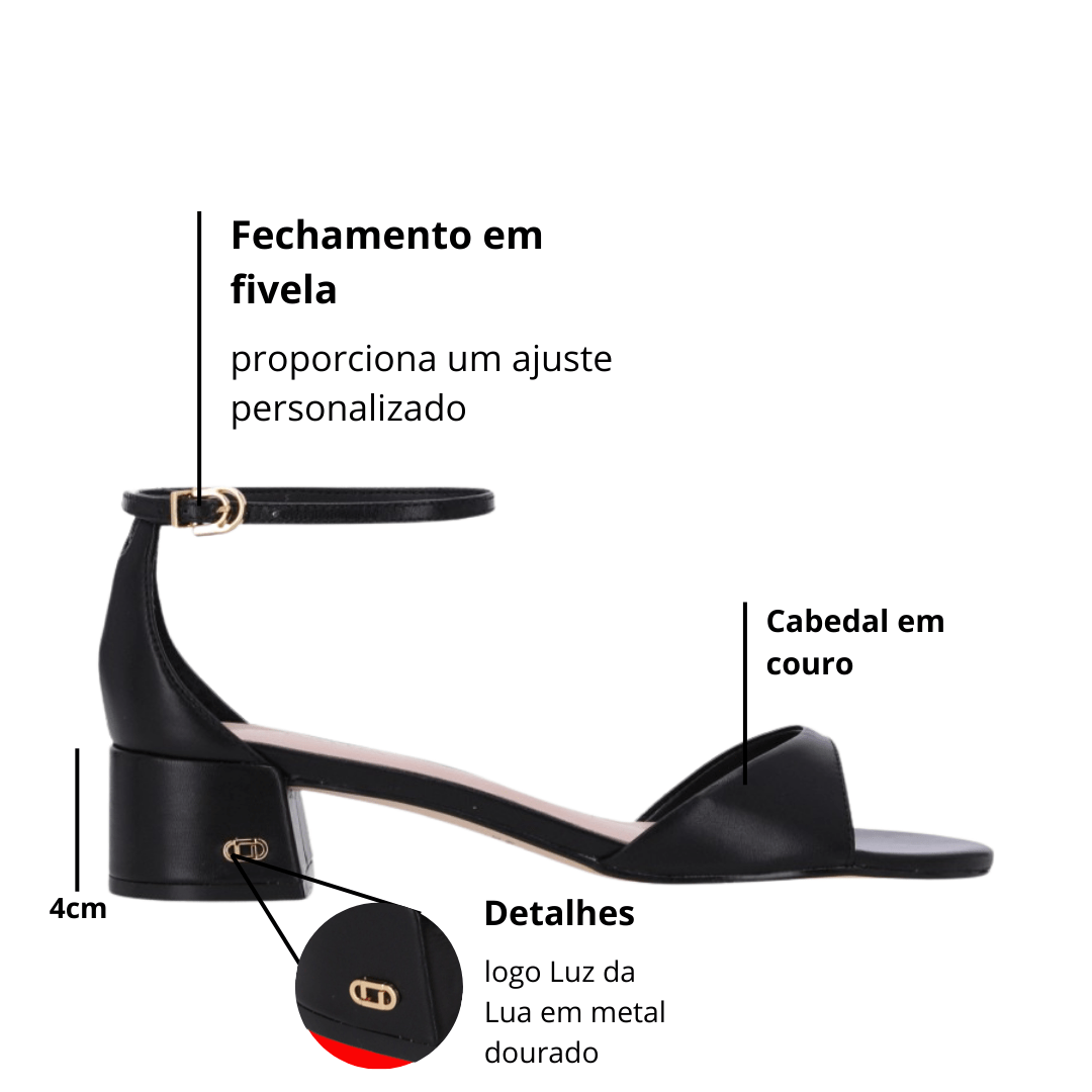 Sandália Luz da lua Feminina Salto Baixo Preta Couro Preto 2