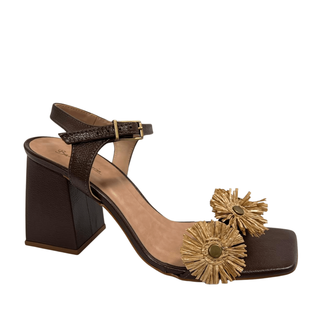 Sandália Berti Maria Feminina Salto Bloco Ráfia Marrom Couro
