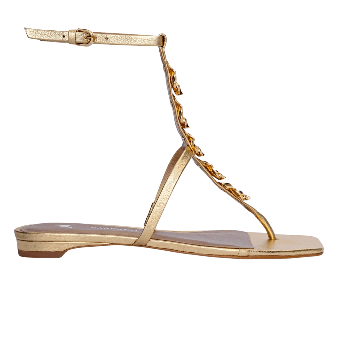 Sandália Rasteira Carrano Feminina Flat Shell Metalizado Dourado Couro