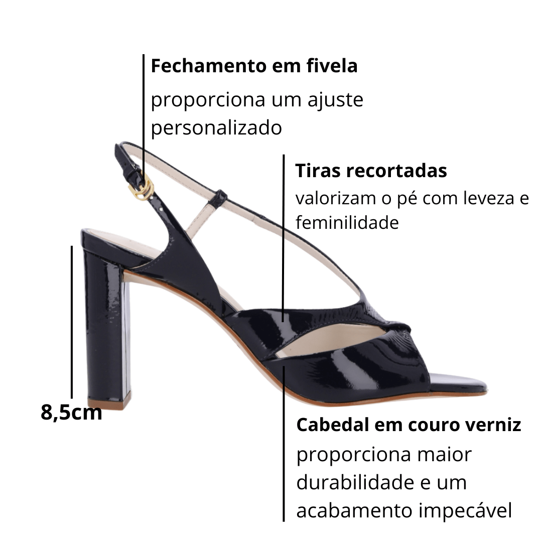 Sandália Luz da Lua Feminina Salto Bloco Netuno Couro Verniz Azul Marinho 2