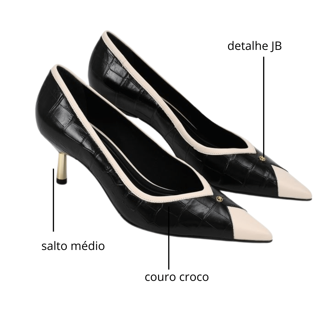 Scarpin Jorge Bischoff Feminino Bico Fino Preto Branco Couro Crocco Preto 2