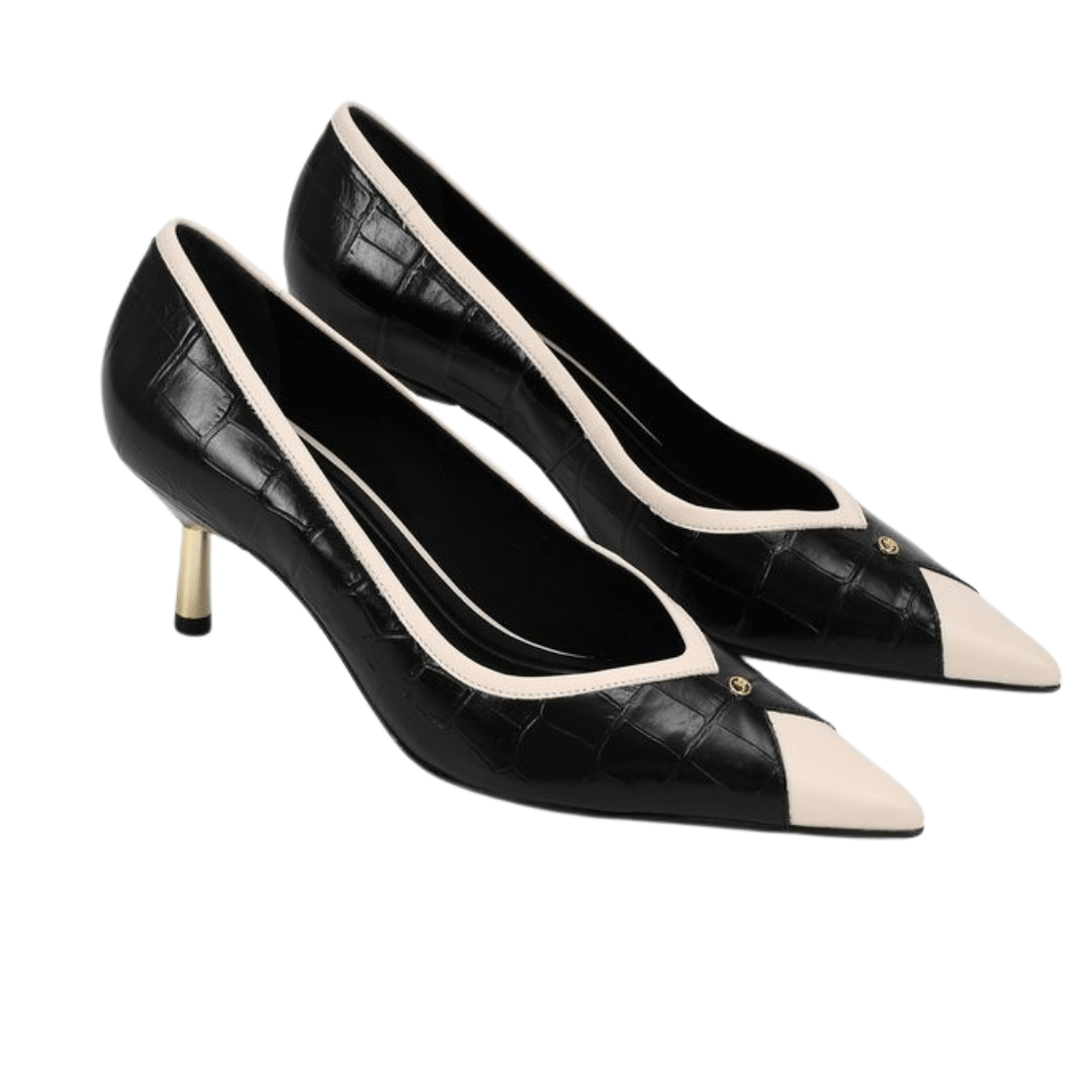 Scarpin Jorge Bischoff Feminino Bico Fino Preto Branco Couro Crocco Preto 3