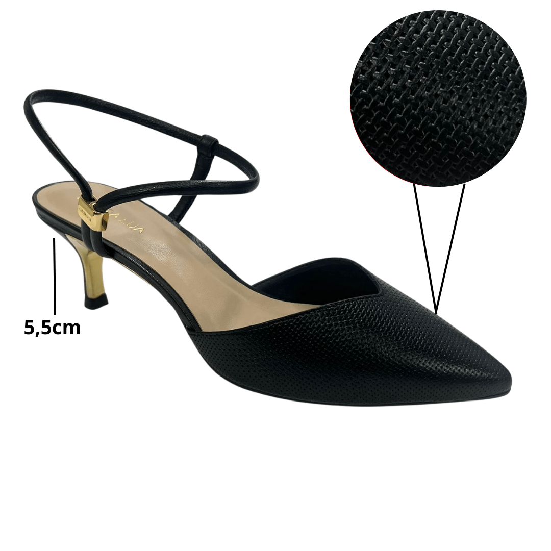 Scarpin Luz da Lua Slingback Feminino Panna Couro Tramado Preto 2