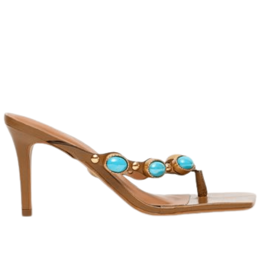 Tamanco Lança Perfume Feminina Salto Fino Pedraria Ambar Couro