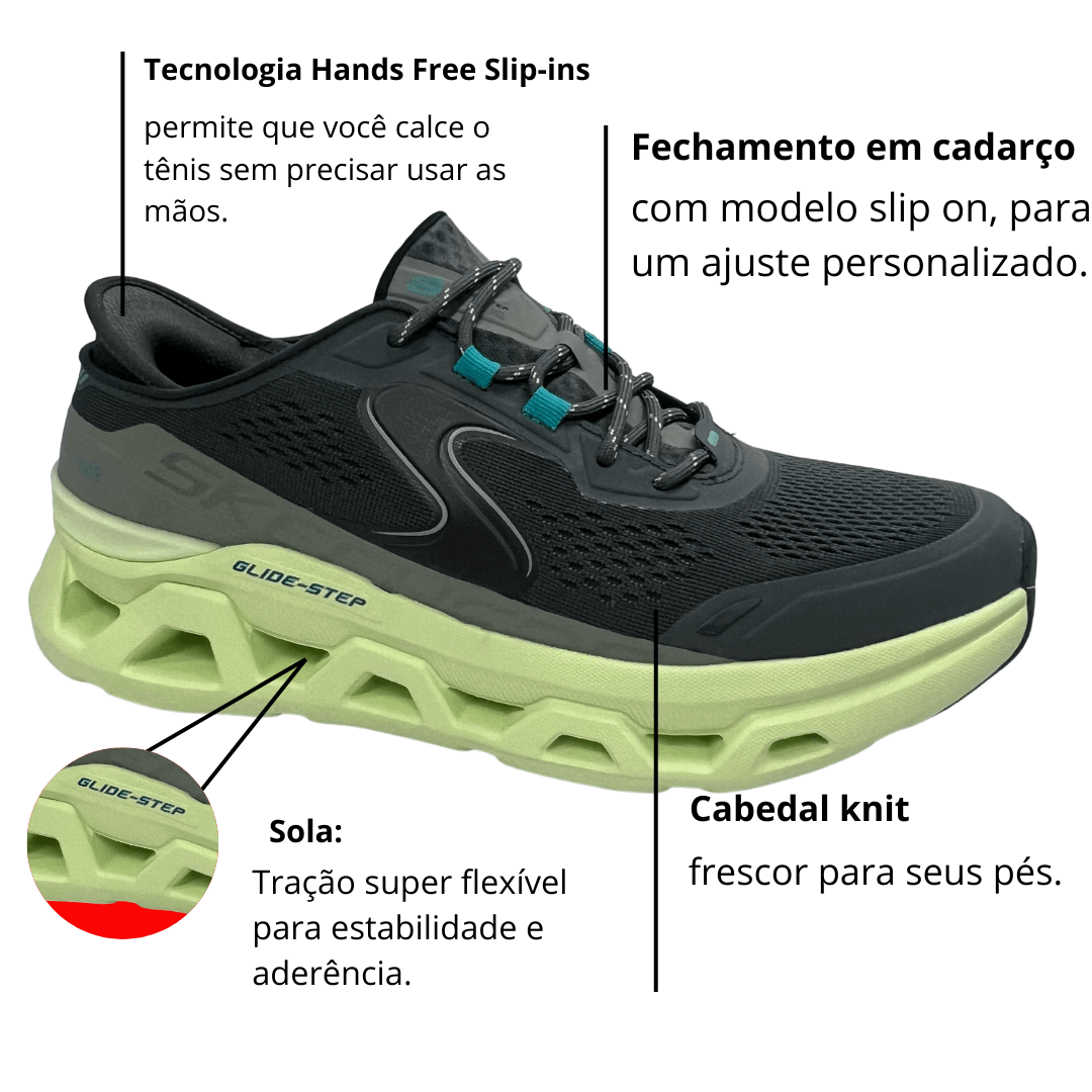 Tênis Skechers Masculino Slip-ins Glide Step Carvão Verde Limão Preto 2