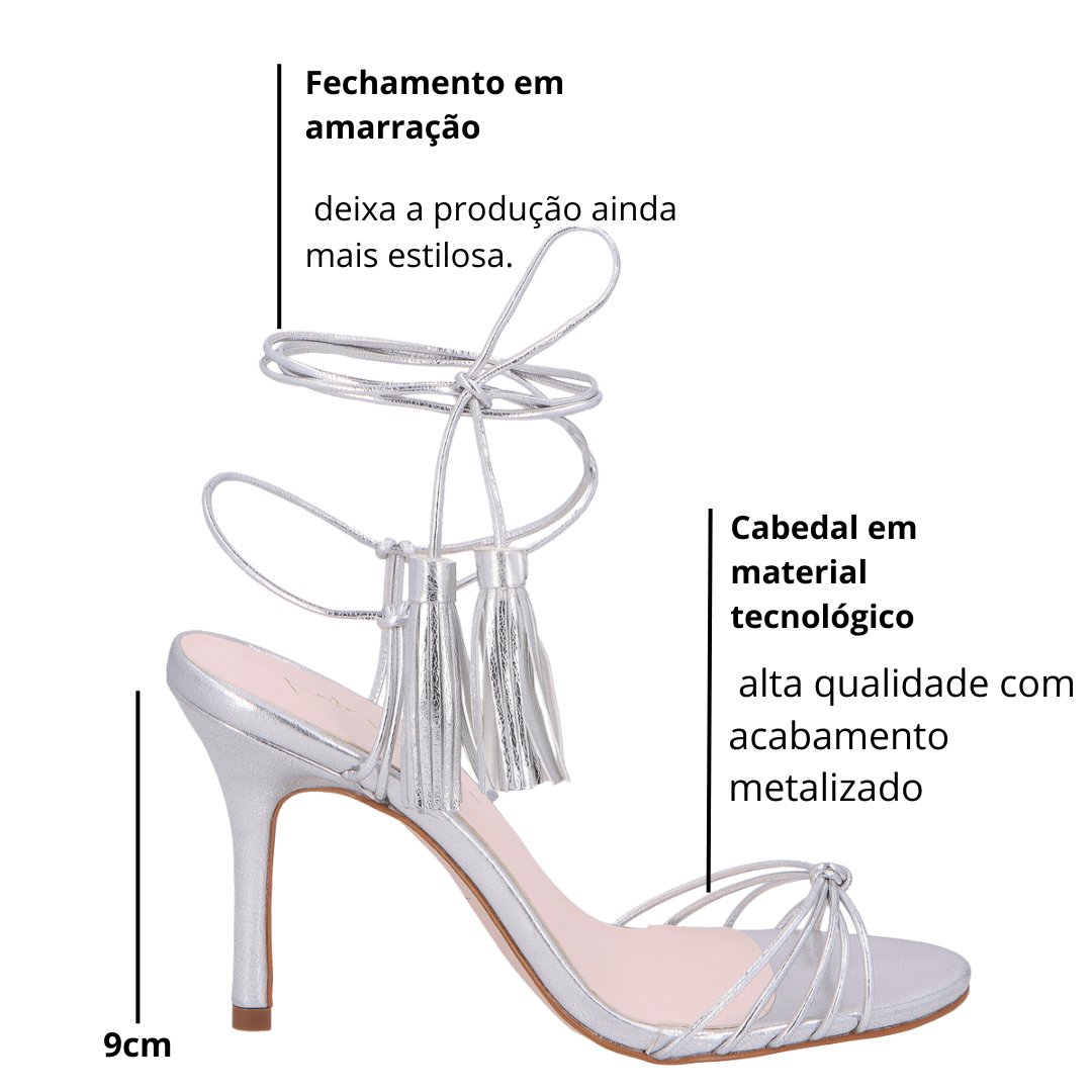Sandália Luiza Barcelos Feminina Salto Alto Amarração Prata 2