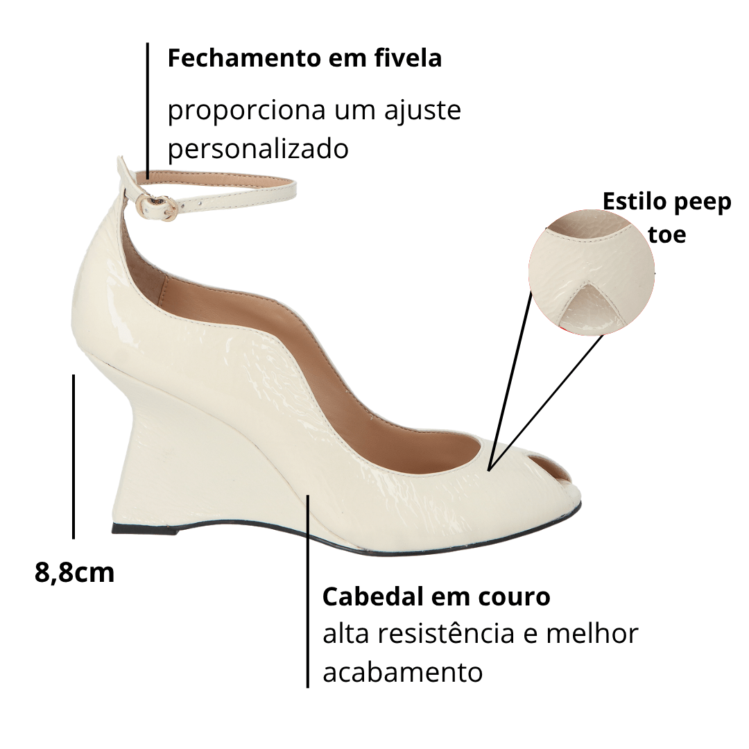Scarpin Luiza Barcelos Feminina Salto Anabela Off White Couro Verniz Branco 2