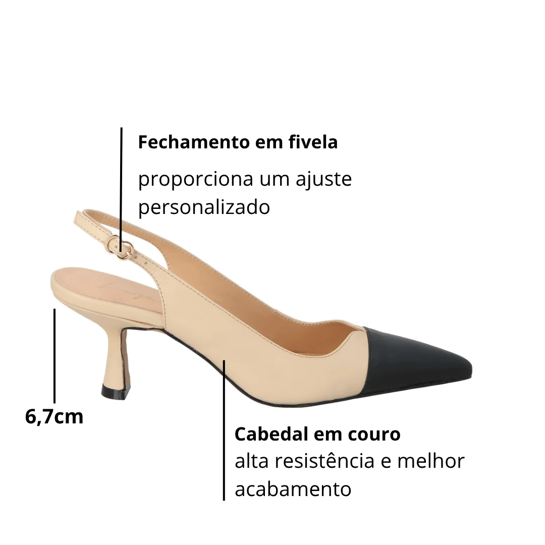 Slingback Luiza Barcelos Feminino Salto Médio Nata Preto Couro Bege/Preto 2