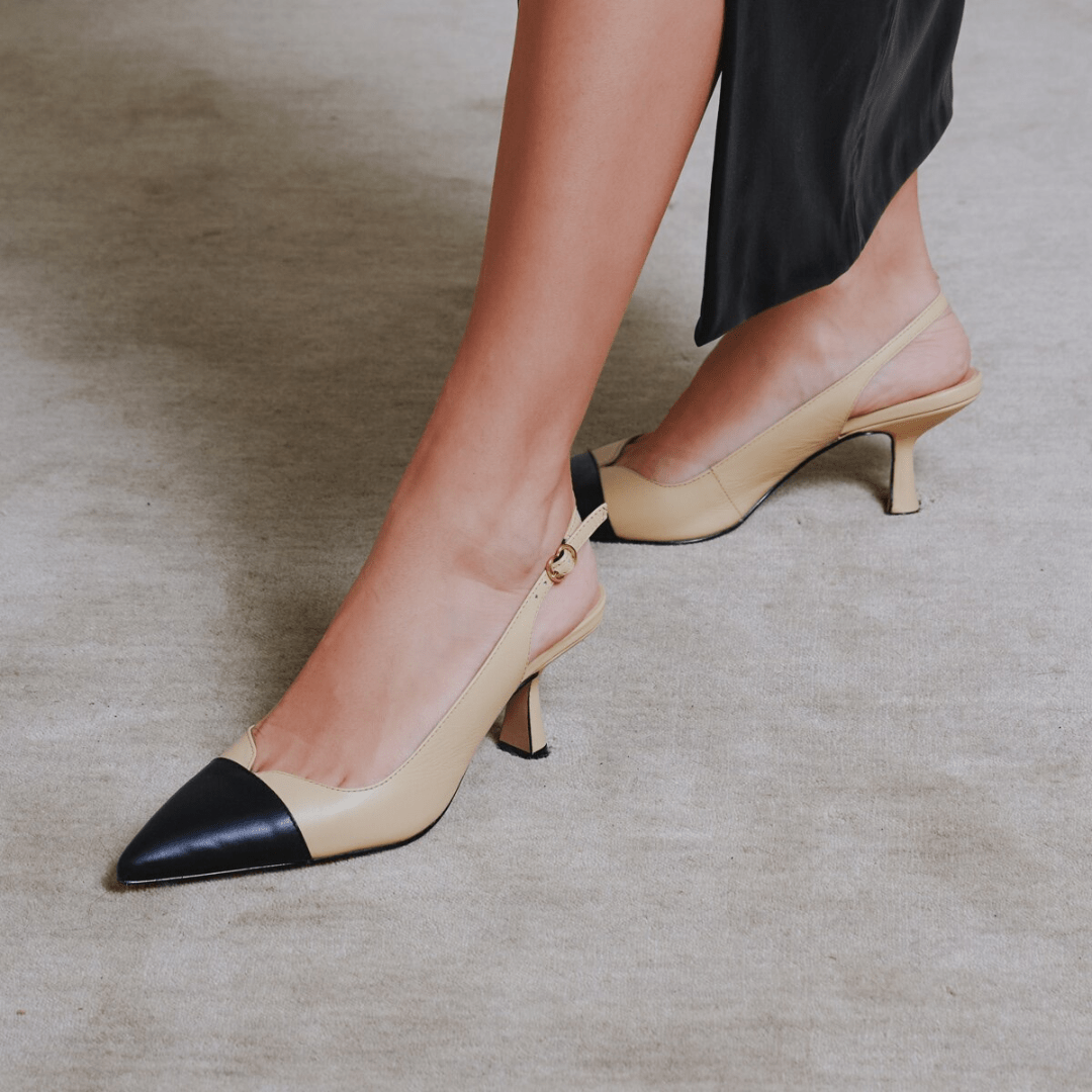 Slingback Luiza Barcelos Feminino Salto Médio Nata Preto Couro Bege/Preto 7