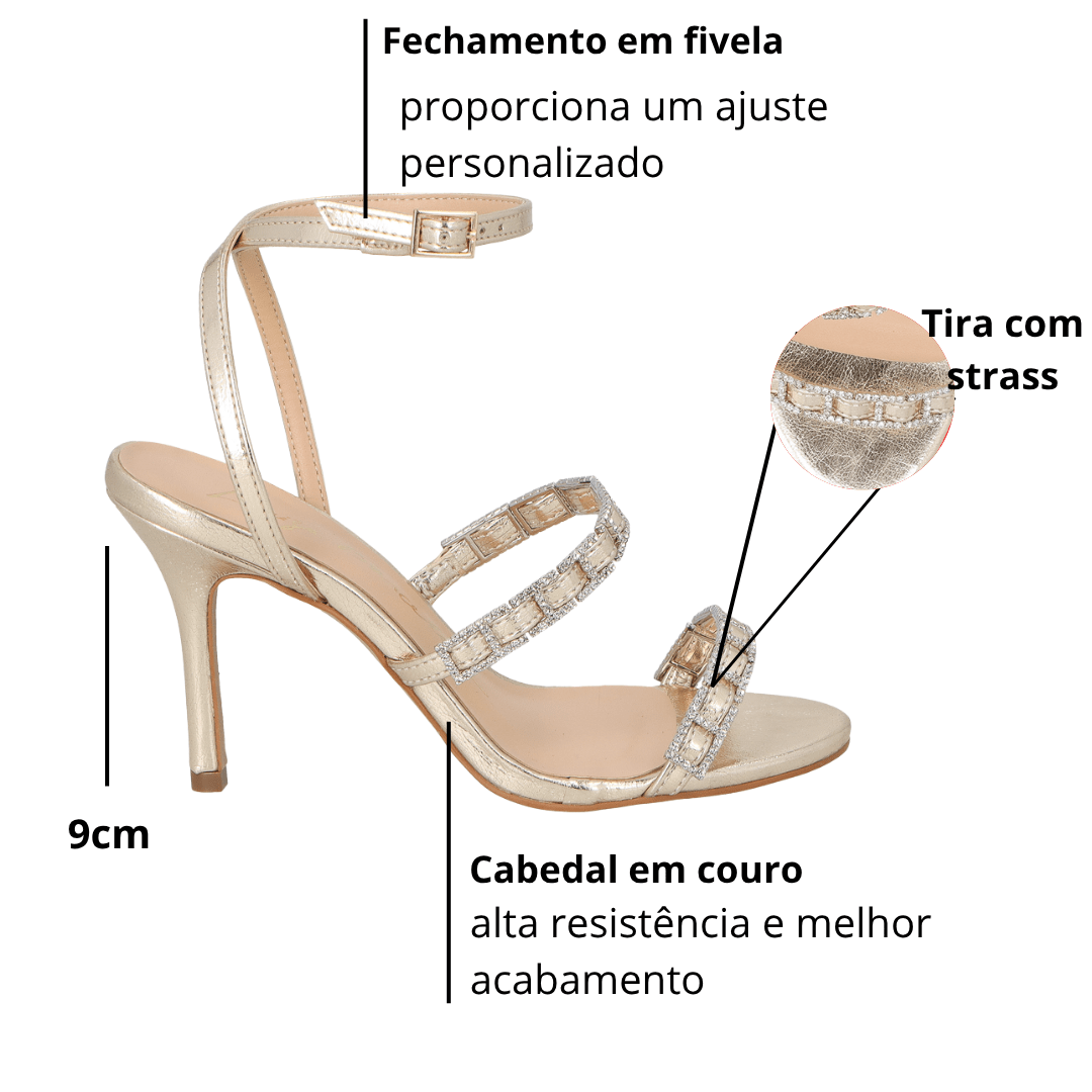 Sandália Luiza Barcelos Feminina Strass Dourada Couro Dourado 2