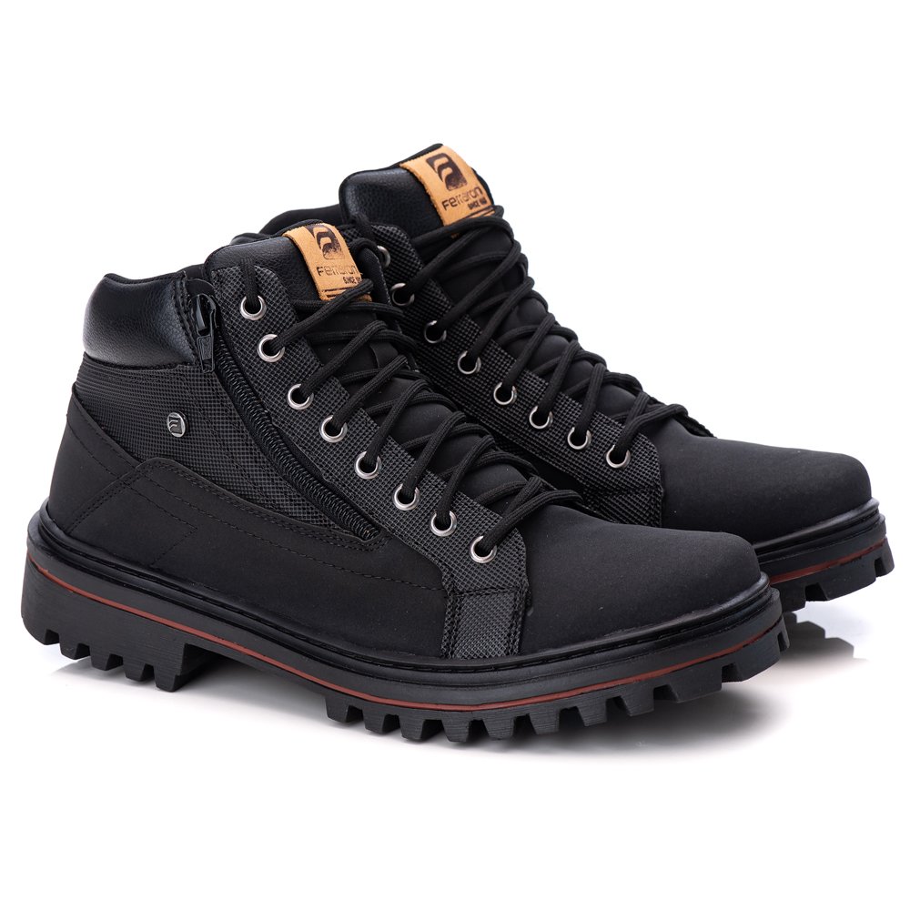 Bota Coturno Adventure Casual trabalho Passeio Masculino Cano Curto Sola Tratorada Ziper Cadarco Preto 2