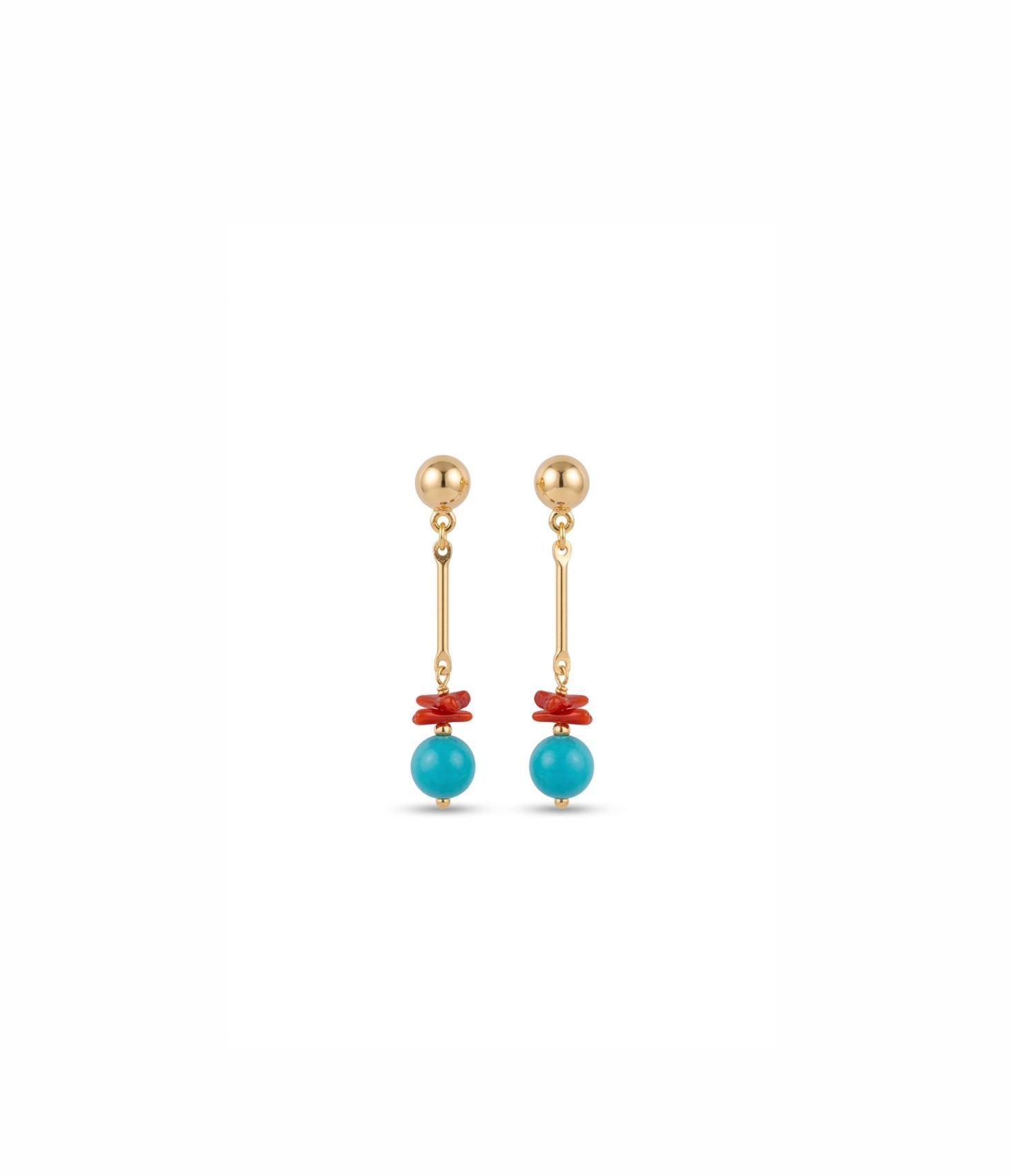 Brinco palito com banho de ouro 18k, turquesa e coral