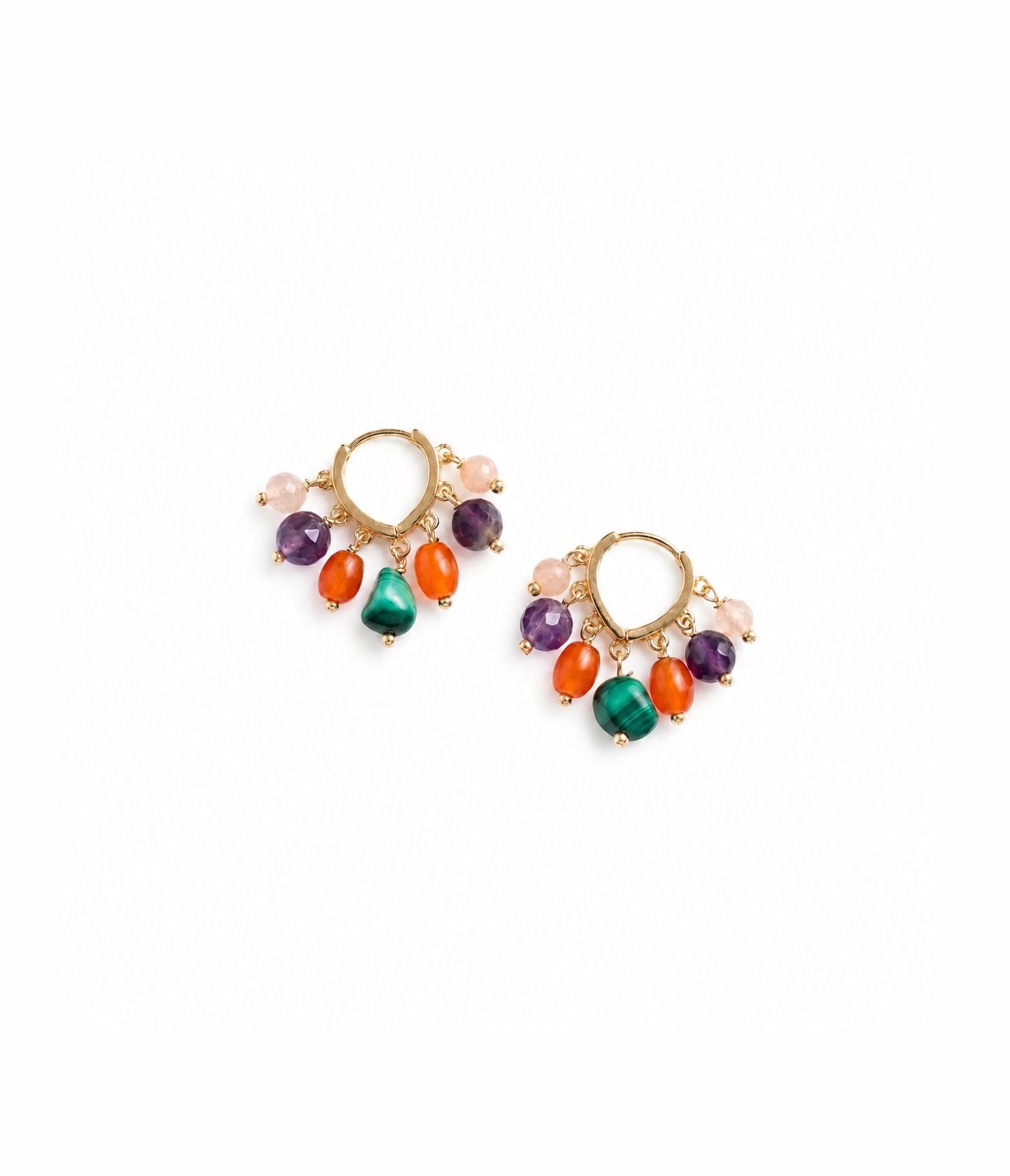 Brinco Folia - ametista, malaquita, cornalina, jade e banho de ouro 18k