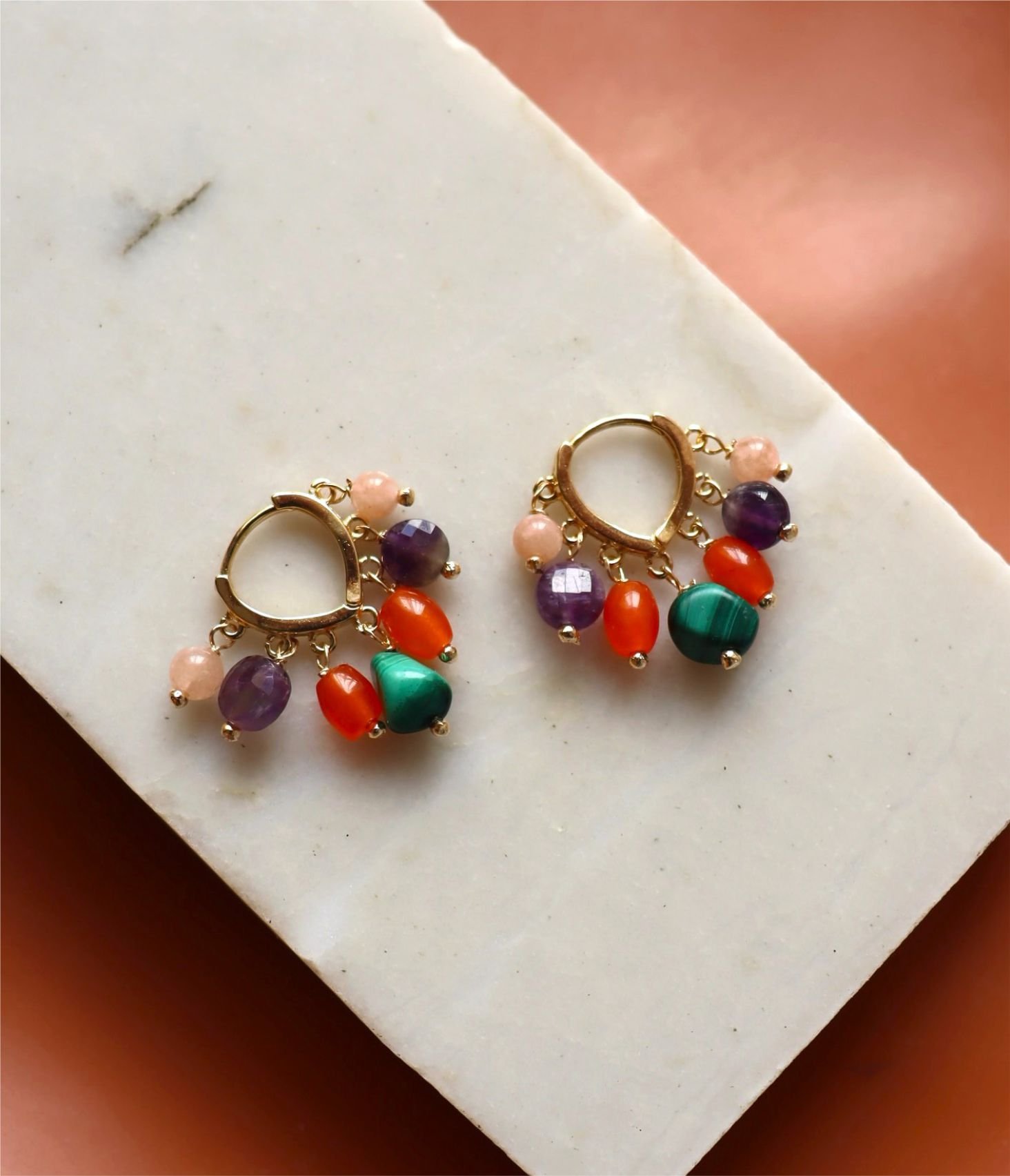 Brinco Folia - ametista, malaquita, cornalina, jade e banho de ouro 18k Ouro 2