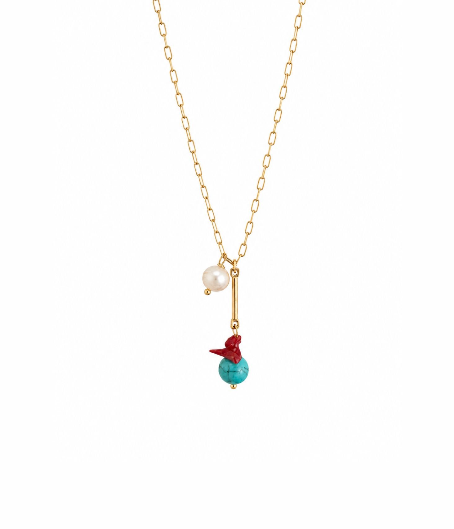 Corrente com banho de ouro 18k, turquesa, coral e pérola