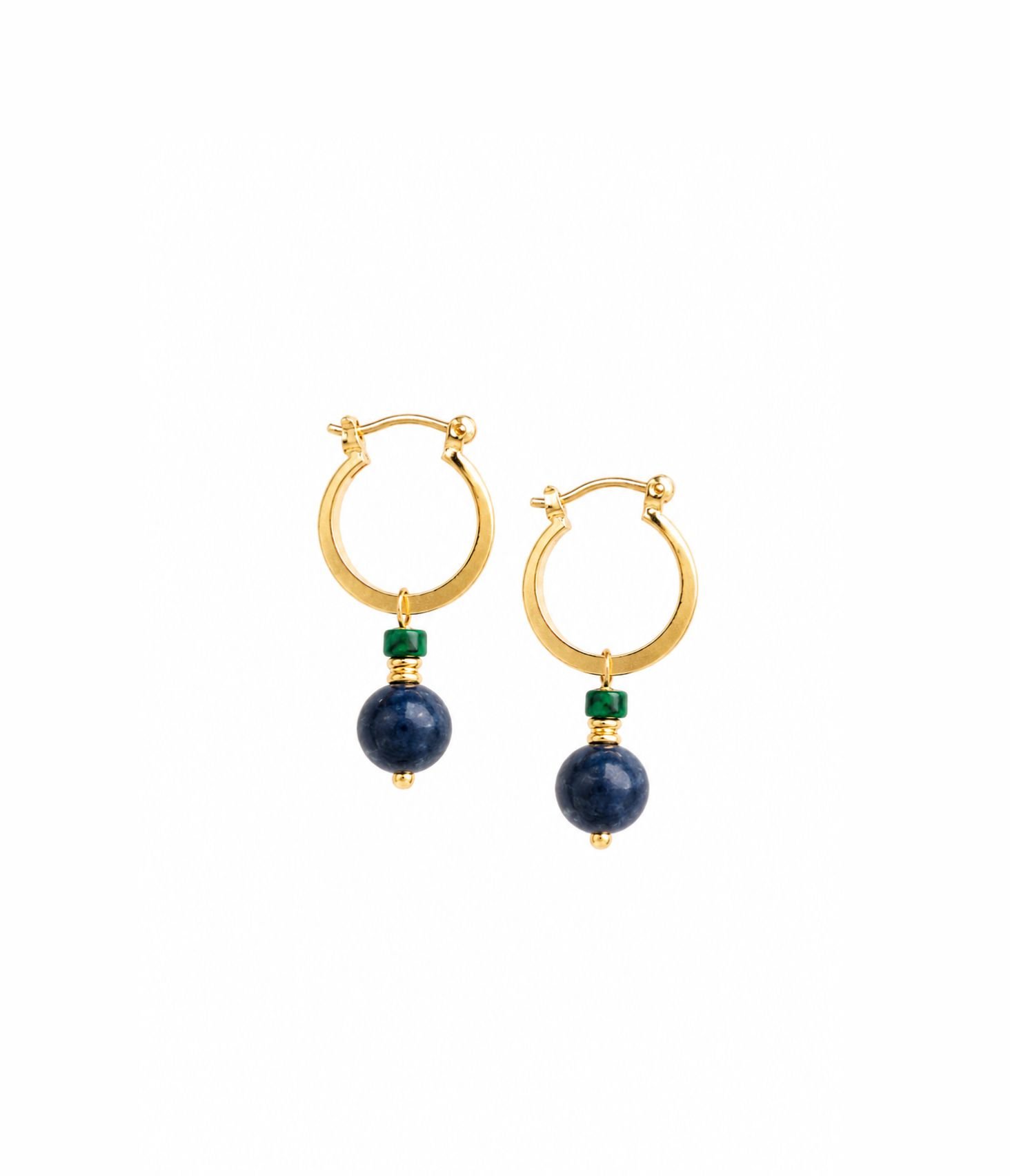 Brinco quartzo azul, malaquita e banho de ouro 18k