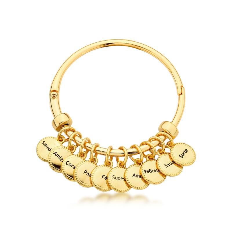 Bracelete Feminino em metal banhado em ouro com 10 pingentes de boas energias. Dourado Banhado a Ouro 18k Elegante Presente Feminino