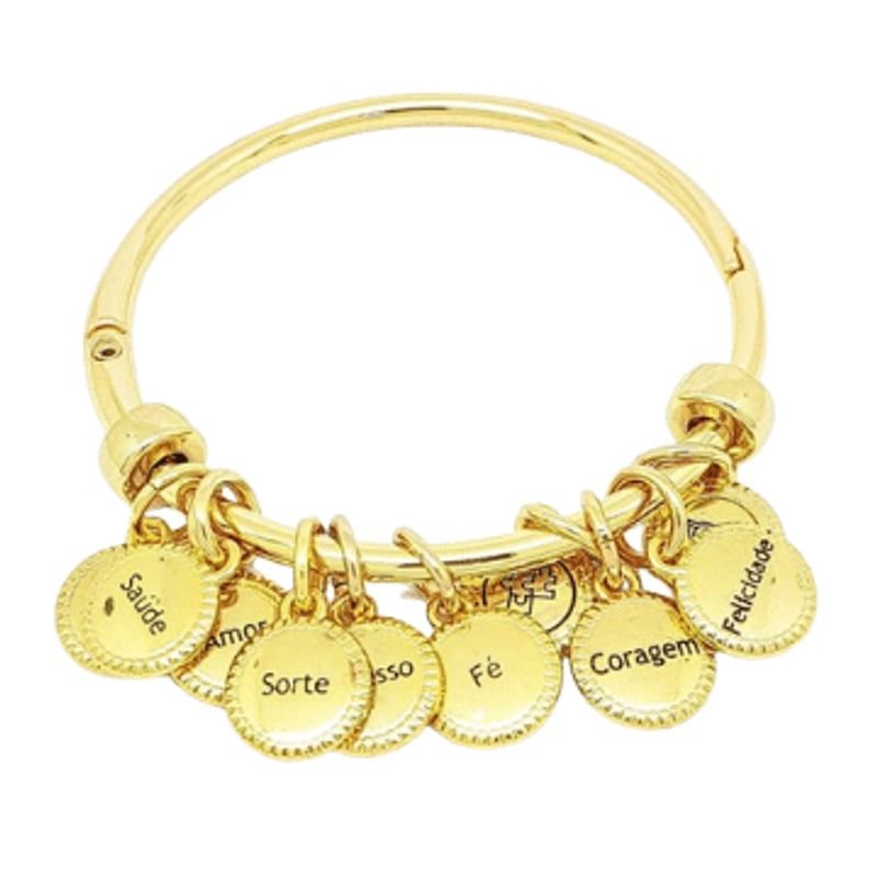 Bracelete Feminino em metal banhado em ouro com 10 pingentes de boas energias. Dourado Banhado a Ouro 18k Elegante Presente Feminino Dourado 3