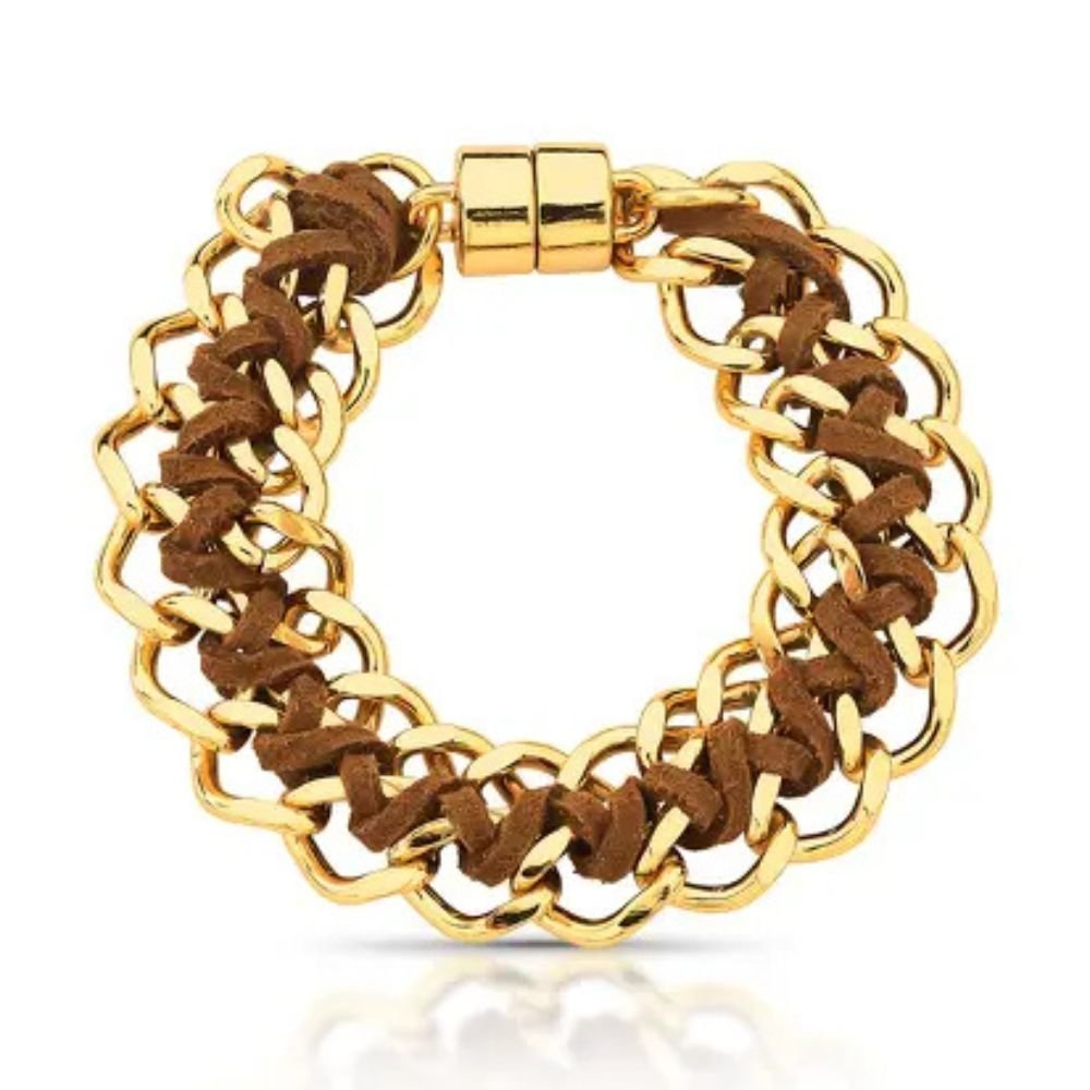 Pulseira Feminina corrente e camurça trançada Dourado Banhado a Ouro 18k Elegante Presente Feminino