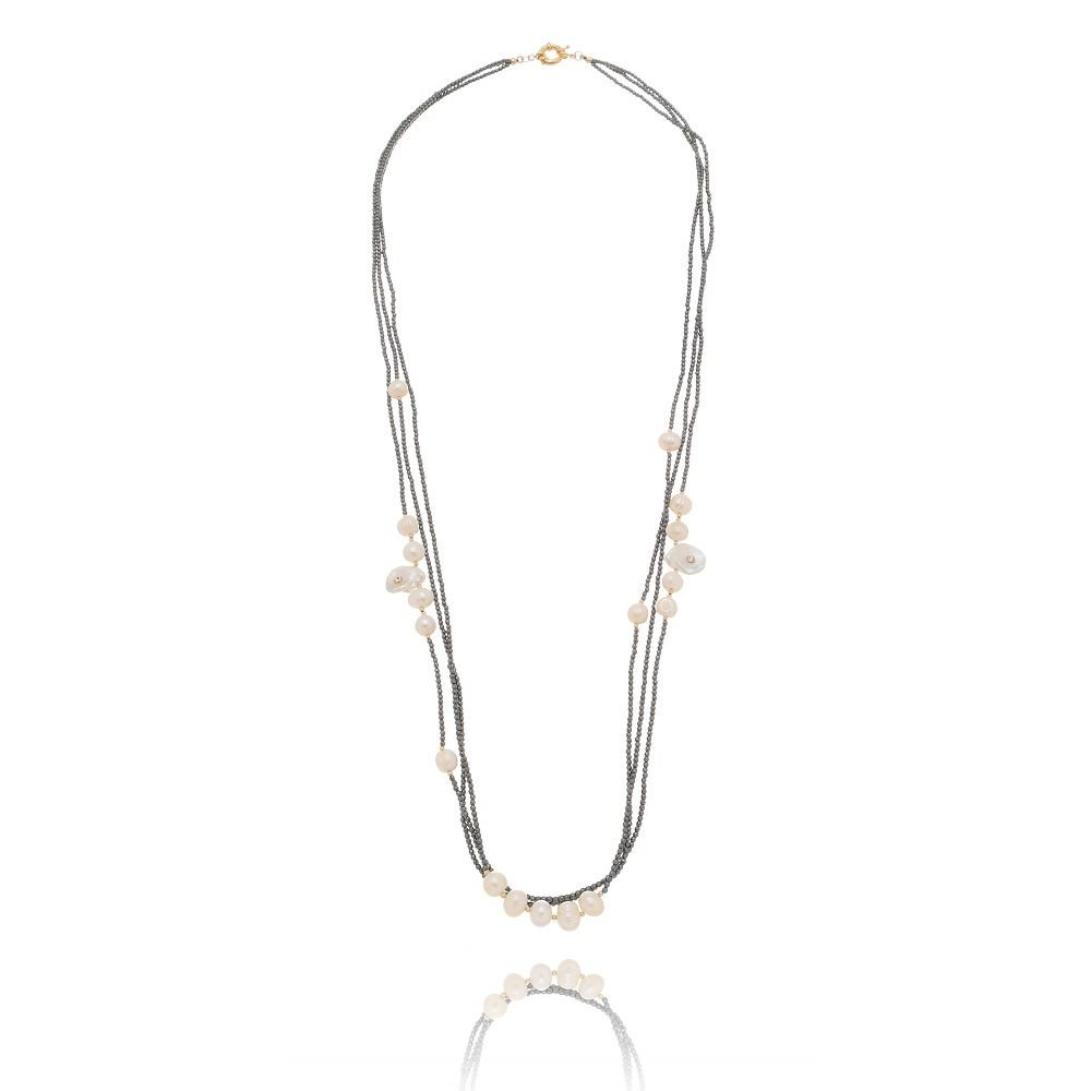 Colar Feminino longo com varias vias de hematitas com perolas Dourado Banhado a Ouro 18k Elegante Presente Feminino