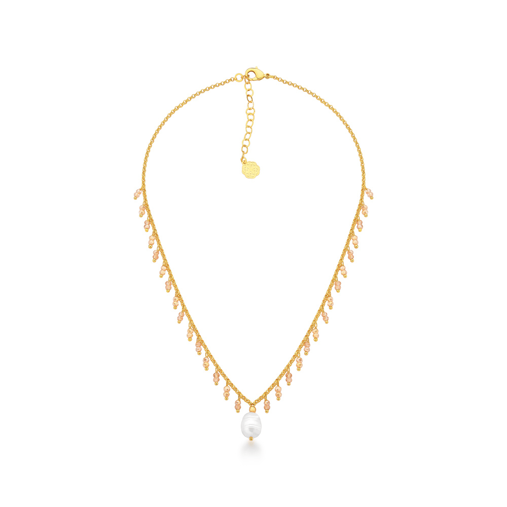 Colar Feminino Dourado com cristais âmbar e pérola barroca elegante