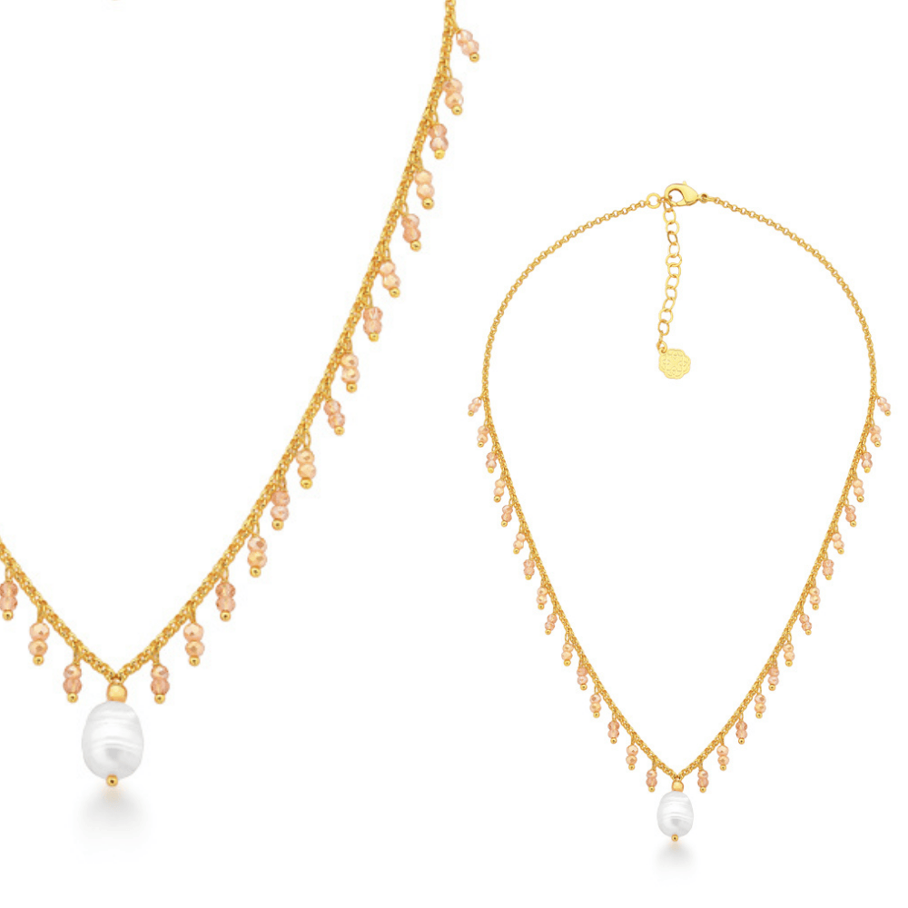 Colar Feminino Dourado com cristais âmbar e pérola barroca elegante Dourado 2
