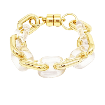 Pulseira Feminina de elos dourados e transparentes Dourado Banhado a Ouro 18k Elegante Presente Feminino