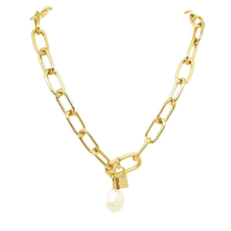 Colar Feminino em elos com pérola e cadeado Dourado Banhado a Ouro 18k Elegante Presente Feminino
